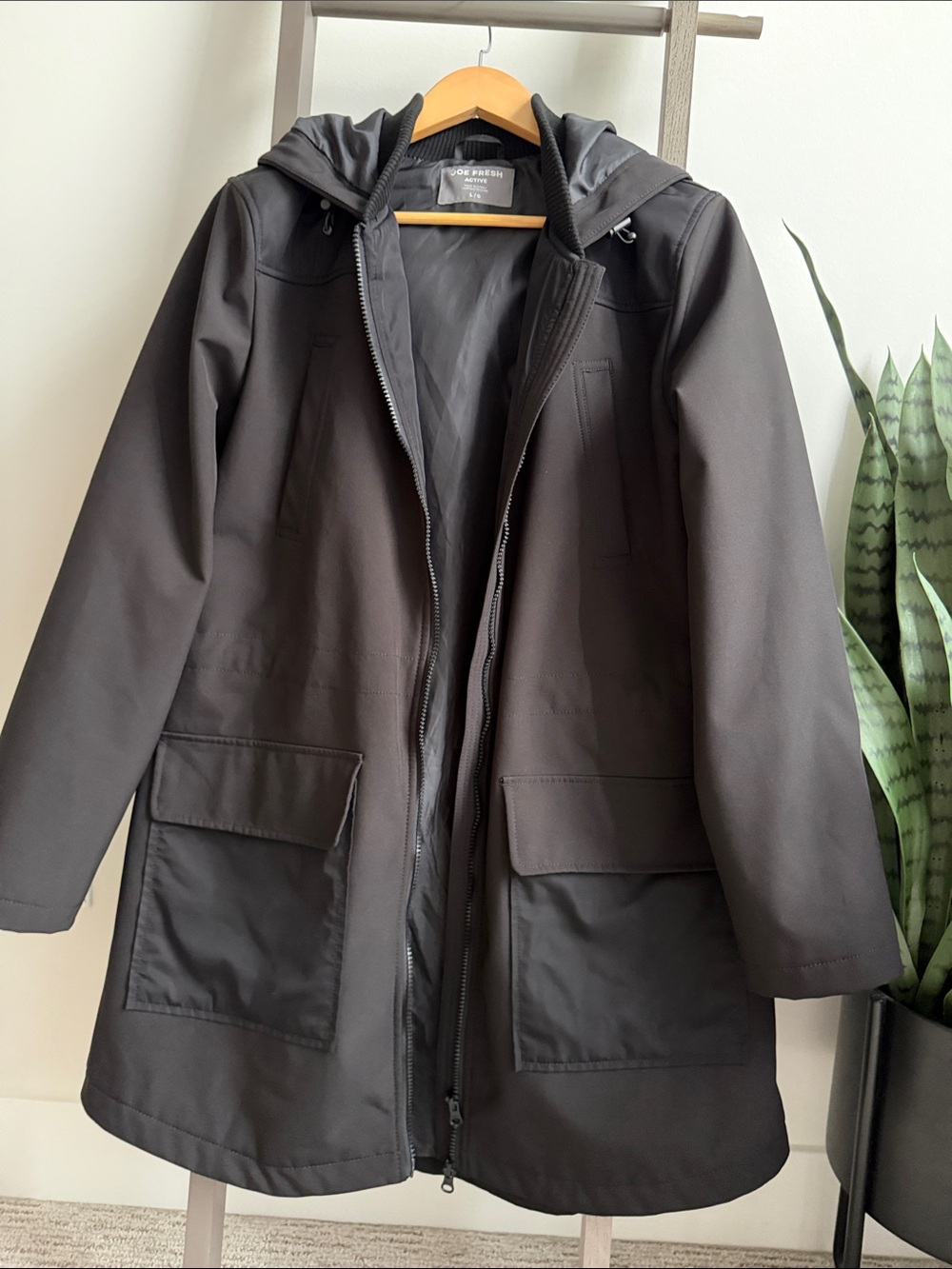 Joe Fresh Black Hooded Trench Coat